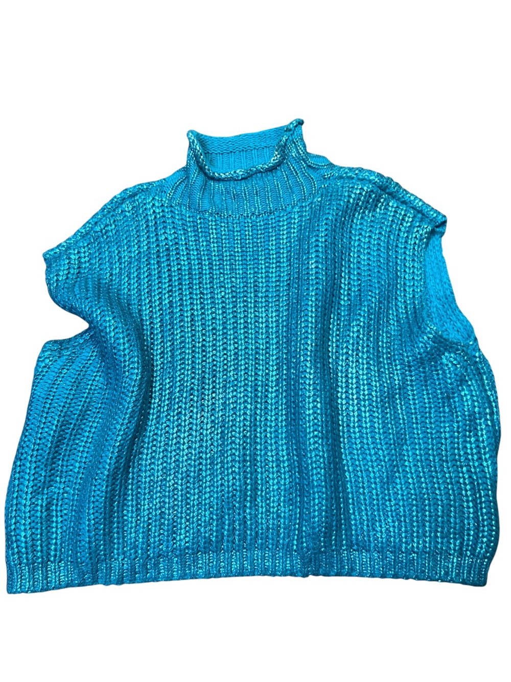 Sleeveless Metallic Turtleneck Sweater in Turquoise